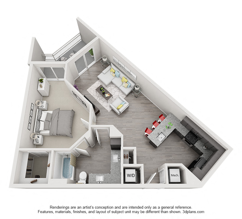 Floor plan for 1 bed, 1 bath, 841 sqft